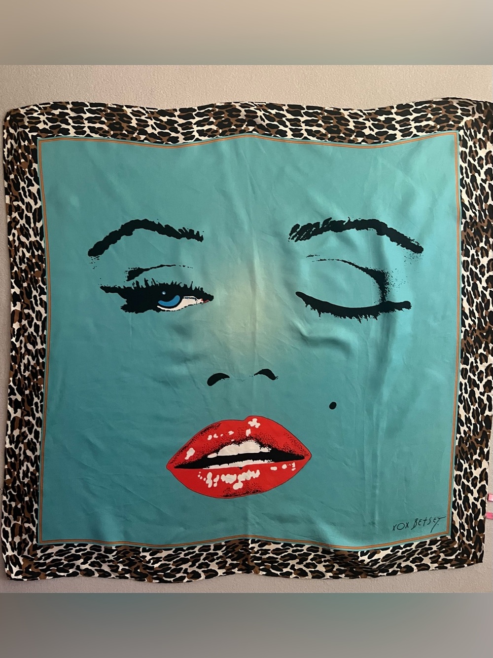 Betsey Johnson Turquoise Face Print Silk Scarf with Red Lips